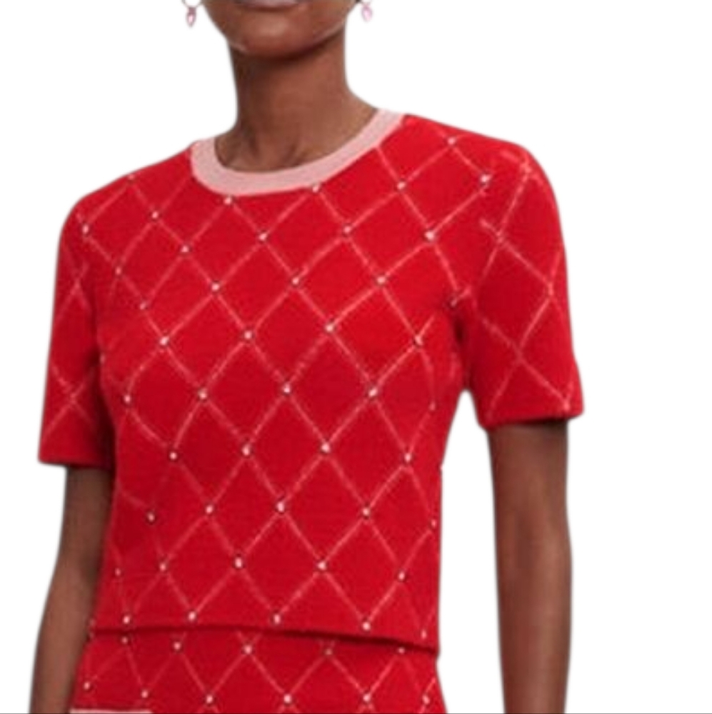 Maje Red Pink Diamond Fleece Quilt Short Sleeve Crop Top w Rhinestones size 1